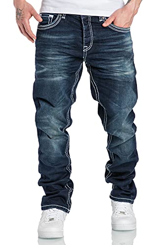 Amaci&Sons Herren Dicke Nähte Destroyed Jeans Regular Slim Denim Hose Fit 7983WC Dunkelblau W31/L32 von Amaci&Sons