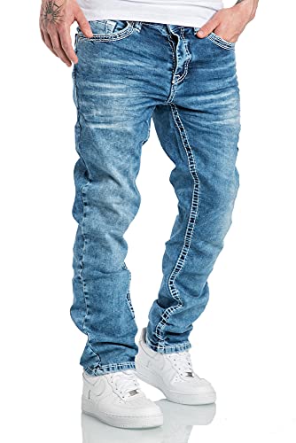 Amaci&Sons Herren Dicke Nähte Destroyed Jeans Regular Slim Denim Hose Fit 7983WC Hellblau W32/L34 von Amaci&Sons