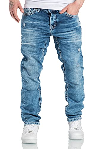 Amaci&Sons Herren Dicke Nähte Destroyed Jeans Regular Slim Denim Hose Fit 7983WC Hellblau W34/L34 von Amaci&Sons