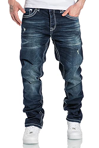 Amaci&Sons Herren Dicke Nähte Destroyed Regular Slim Jeans Denim Hose Fit 7983WD Dunkelblau W33/L32 von Amaci&Sons