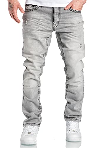 Amaci&Sons Herren Dicke Nähte Destroyed Regular Slim Jeans Denim Hose Fit 7983WD Grau W32/L34 von Amaci&Sons