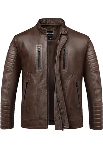 Amaci&Sons Herren Echtleder Jacke Biker Zipper Lederjacke 9105 Braun 3XL von Amaci&Sons