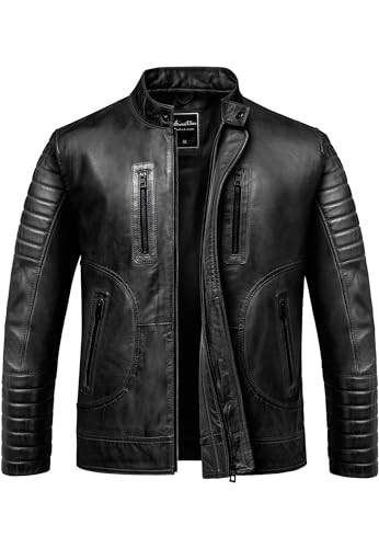 Amaci&Sons Herren Echtleder Jacke Biker Zipper Lederjacke 9105 Schwarz 3XL von Amaci&Sons