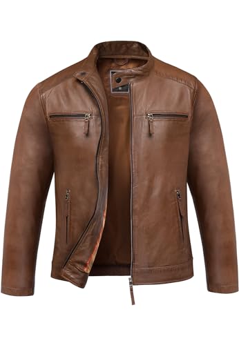 Amaci&Sons Herren Echtleder Jacke Biker Zipper Lederjacke 9108 Cognac 3XL von Amaci&Sons