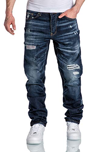 Amaci&Sons Herren Jeans Regular Straight Fit Denim Hose Destroyed 7984 Dunkelblau (Patches) W30/L32 von Amaci&Sons