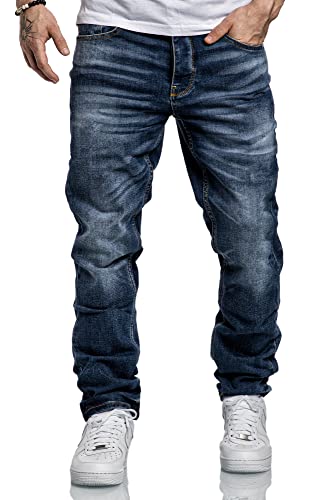 Amaci&Sons Herren Jeans Regular Straight Fit Denim Hose Destroyed A79084 Dunkelblau W30/L32 von Amaci&Sons