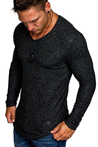 Amaci&Sons Herren Oversize Basic Pullover Melange Sweatshirt V-Neck Fein-Strick Hoodie 6054 Schwarz Melange S von Amaci&Sons