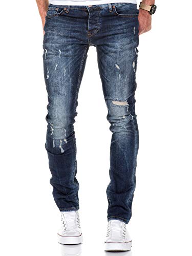 Amaci&Sons Herren Strech Destroyed Slim Fit Denim Jeans Hose 7500 Dunkelblau W29/L30 von Amaci&Sons