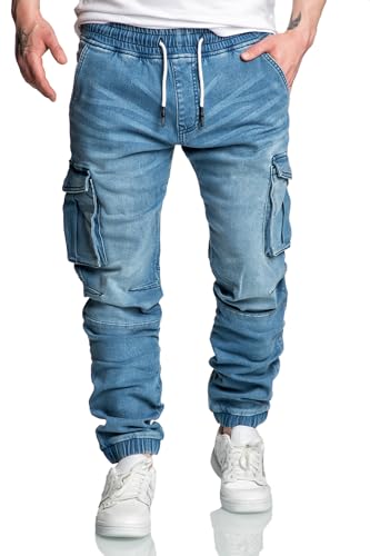 Amaci&Sons Herren Sweathose in Stretch Denim Männer Cargo Jogging Jeans 7024 Hellblau W38 von Amaci&Sons