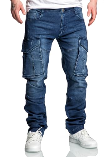 Amaci&Sons Herren Sweathose in Stretch Denim Männer Cargo Jogging Jeans 7026 Dunkelblau W38 von Amaci&Sons
