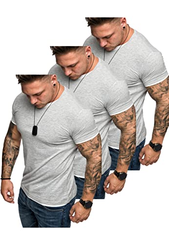 Amaci&Sons Oversize 3er-Pack Doppel Farbig Herren Slim-Fit Crew Neck Basic T-Shirt Rundhals 3-0001 (3X Grau/Weiß) L von Amaci&Sons