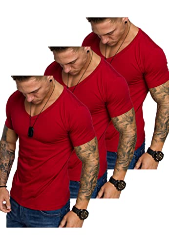 Amaci&Sons Oversize 3er-Pack Herren Slim-Fit V-Neck Basic T-Shirt V-Ausschnitt 3-0006 (3X Rot) XXL von Amaci&Sons