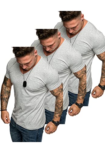 Amaci&Sons Oversize Brusttasche 3er-Pack Herren Vintage T-Shirt Verwaschen V-Neck Basic V-Ausschnitt Shirt 3-0014 (3X Grau) M von Amaci&Sons