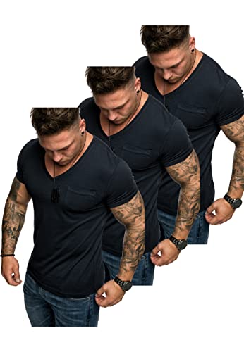 Amaci&Sons Oversize Brusttasche 3er-Pack Herren Vintage T-Shirt Verwaschen V-Neck Basic V-Ausschnitt Shirt 3-0014 (3X Navyblau) L von Amaci&Sons