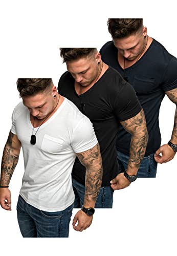 Amaci&Sons Oversize Brusttasche 3er-Pack Herren Vintage T-Shirt Verwaschen V-Neck Basic V-Ausschnitt Shirt 3-0014 (Schwarz + Weiß + Navyblau) M von Amaci&Sons