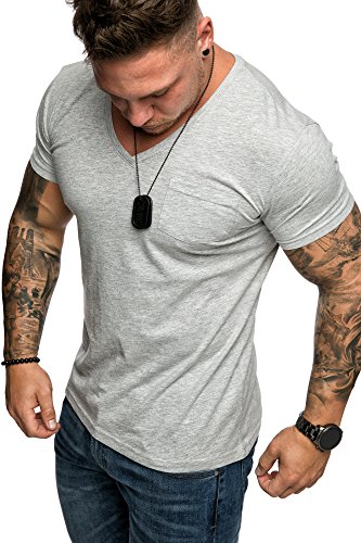 Amaci&Sons Oversize Brusttasche Herren Vintage T-Shirt Verwaschen V-Neck Basic V-Ausschnitt Shirt 1-0014 Grau Melange XL von Amaci&Sons