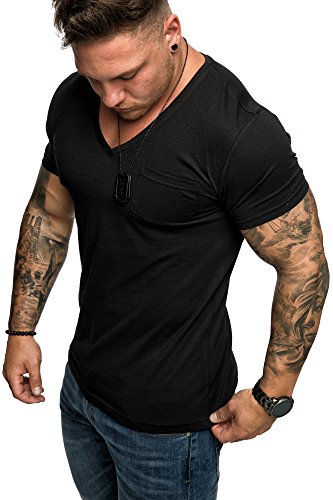 Amaci&Sons Oversize Brusttasche Herren Vintage T-Shirt Verwaschen V-Neck Basic V-Ausschnitt Shirt 1-0014 Schwarz M von Amaci&Sons