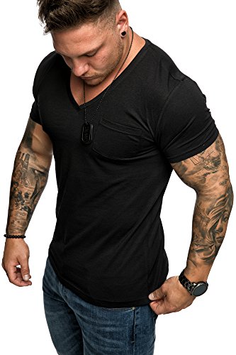 Amaci&Sons Oversize Brusttasche Herren Vintage T-Shirt Verwaschen V-Neck Basic V-Ausschnitt Shirt 1-0014 Schwarz S von Amaci&Sons