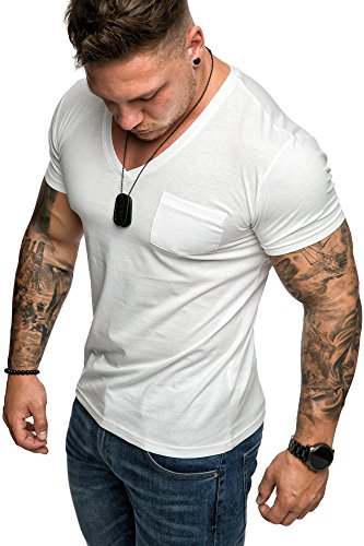 Amaci&Sons Oversize Brusttasche Herren Vintage T-Shirt Verwaschen V-Neck Basic V-Ausschnitt Shirt 1-0014 Weiß XL von Amaci&Sons