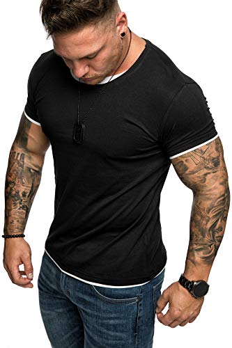 Amaci&Sons Oversize Doppel Farbig Herren Slim-Fit Crew Neck Basic T-Shirt Rundhals 1-0001 Schwarz/Weiß L von Amaci&Sons