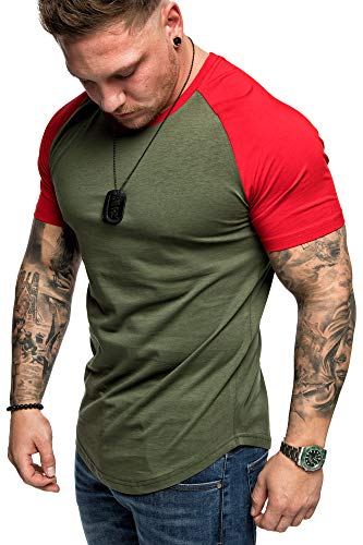 Amaci&Sons Oversize Doppel Farbig Herren Slim-Fit Crew Neck Basic T-Shirt Rundhals 1-0015 Khaki/Rot S von Amaci&Sons