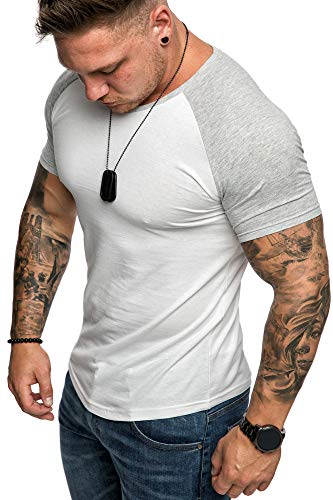 Amaci&Sons Oversize Doppel Farbig Herren Slim-Fit Crew Neck Basic T-Shirt Rundhals 1-0015 Weiß/Grau XXL von Amaci&Sons