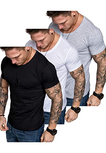 Amaci&Sons Oversize Herren 3er-Pack Slim-Fit Crew Neck Basic T-Shirt Rundhals-Ausschnitt 3-0007 (Grau + Weiß + Schwarz) XL von Amaci&Sons