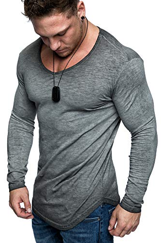Amaci&Sons Oversize Herren Longsleeve Vintage Sweatshirt V-Neck Basic V-Ausschnitt Shirt 6096 Anthrazit Verwaschen XL von Amaci&Sons