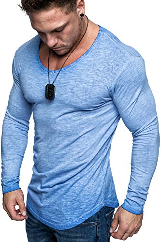 Amaci&Sons Oversize Herren Longsleeve Vintage Sweatshirt V-Neck Basic V-Ausschnitt Shirt 6096 Blau Verwaschen L von Amaci&Sons