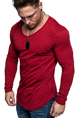 Amaci&Sons Oversize Herren Longsleeve Vintage Sweatshirt V-Neck Basic V-Ausschnitt Shirt 6096 Bordeaux S von Amaci&Sons