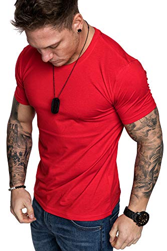 Amaci&Sons Oversize Herren Slim-Fit Crew Neck Basic T-Shirt Rundhals-Ausschnitt 1-0007 Rot XL von Amaci&Sons