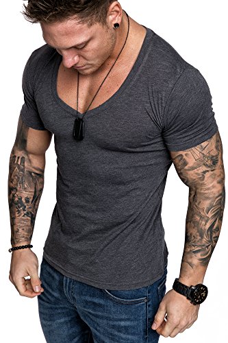 Amaci&Sons Oversize Herren Slim-Fit V-Neck Basic T-Shirt V-Ausschnitt 1-0006 Anthrazit Melange L von Amaci&Sons