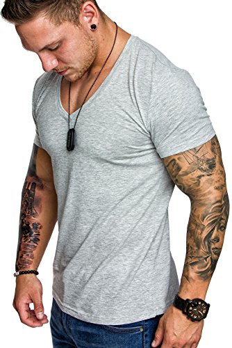 Amaci&Sons Oversize Herren Slim-Fit V-Neck Basic T-Shirt V-Ausschnitt 1-0006 Grau Melange S von Amaci&Sons