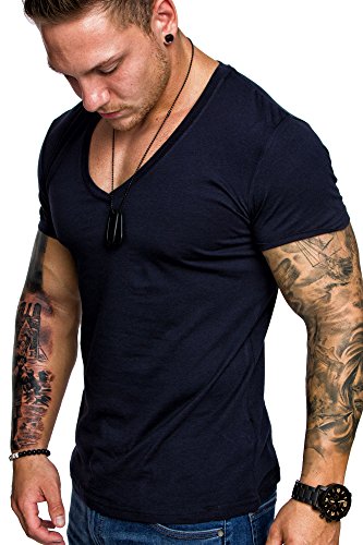Amaci&Sons Oversize Herren Slim-Fit V-Neck Basic T-Shirt V-Ausschnitt 1-0006 Navyblau XXL von Amaci&Sons