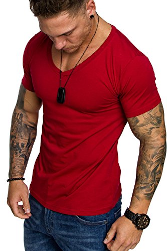 Amaci&Sons Oversize Herren Slim-Fit V-Neck Basic T-Shirt V-Ausschnitt 1-0006 Rot XL von Amaci&Sons