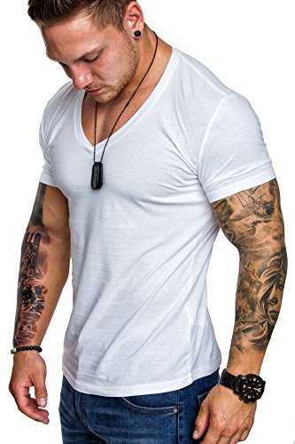 Amaci&Sons Oversize Herren Slim-Fit V-Neck Basic T-Shirt V-Ausschnitt 1-0006 Weiß S von Amaci&Sons