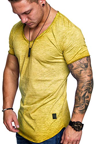 Amaci&Sons Oversize Herren Vintage T-Shirt V-Neck Basic V-Ausschnitt Shirt 6008 Gelb L von Amaci&Sons