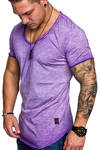 Amaci&Sons Oversize Herren Vintage T-Shirt V-Neck Basic V-Ausschnitt Shirt 6008 Lila L von Amaci&Sons