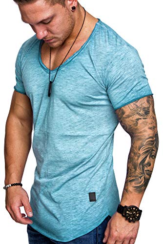 Amaci&Sons Oversize Herren Vintage T-Shirt V-Neck Basic V-Ausschnitt Shirt 6008 Türkis 3XL von Amaci&Sons