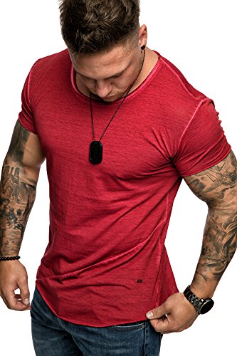 Amaci&Sons Oversize Herren Vintage T-Shirt Verwaschen Crew Neck Rundhals Basic Shirt 1-0011 Moon Red L von Amaci&Sons