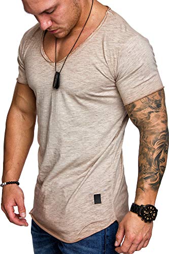 Amaci&Sons Oversize Herren Vintage T-Shirt Verwaschen V-Neck Basic V-Ausschnitt Shirt 6034 Beige 3XL von Amaci&Sons