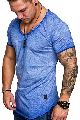 Amaci&Sons Oversize Herren Vintage T-Shirt Verwaschen V-Neck Basic V-Ausschnitt Shirt 6034 Blau 3XL von Amaci&Sons