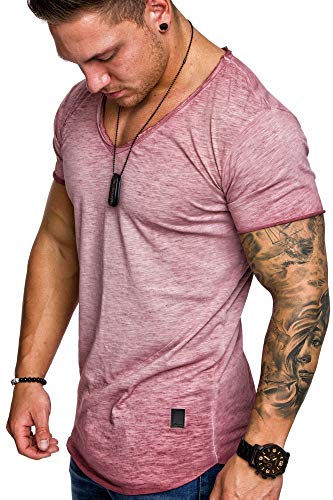 Amaci&Sons Oversize Herren Vintage T-Shirt Verwaschen V-Neck Basic V-Ausschnitt Shirt 6034 Bordeaux L von Amaci&Sons