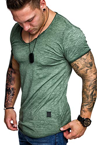 Amaci&Sons Oversize Herren Vintage T-Shirt Verwaschen V-Neck Basic V-Ausschnitt Shirt 6034 Khaki 3XL von Amaci&Sons