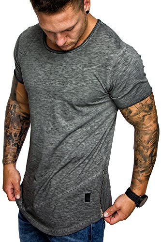 Amaci&Sons Oversize Herren Vintage T-Shirt Zipper Crew Neck Rundhals Basic Shirt 6004 Anthrazit Verwaschen XXL von Amaci&Sons