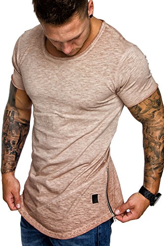 Amaci&Sons Oversize Herren Vintage T-Shirt Zipper Crew Neck Rundhals Basic Shirt 6004 Beige Verwaschen XL von Amaci&Sons