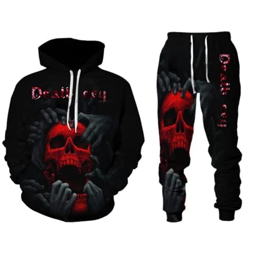 Amacigana Herren Totenkopf 2 Stück Trainingsanzug Set Jogginganzug 3D Kapuzenpullover Zweiteiliges Set Skull Pattern Hoodie Und Hose Trainingsanzug (A2,L) von Amacigana