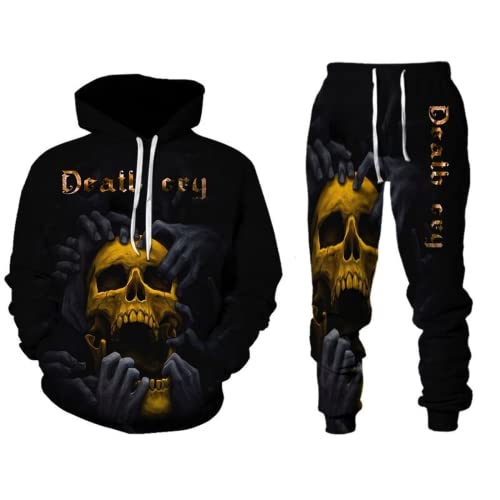 Amacigana Herren Totenkopf 2 Stück Trainingsanzug Set jogginganzug 3D Kapuzenpullover Zweiteiliges Set Skull Pattern Hoodie und Hose Trainingsanzug (Herren3,3XL) von Amacigana