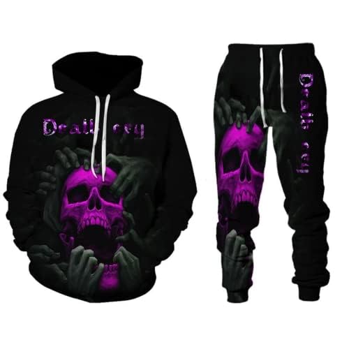 Amacigana Herren Totenkopf 2 Stück Trainingsanzug Set jogginganzug 3D Kapuzenpullover Zweiteiliges Set Skull Pattern Hoodie und Hose Trainingsanzug (Herren4,4XL) von Amacigana