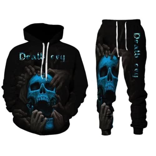 Amacigana Herren Totenkopf 2 Stück Trainingsanzug Set jogginganzug 3D Kapuzenpullover Zweiteiliges Set Skull Pattern Hoodie und Hose Trainingsanzug (Herren5,L) von Amacigana